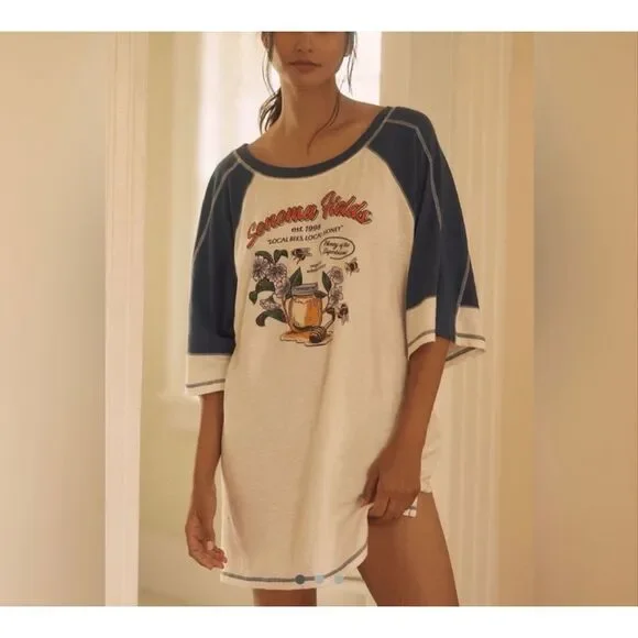 Anthropologie Sonoma County Graphic Raglan Sleep Tee Blue Cream XSP NEW